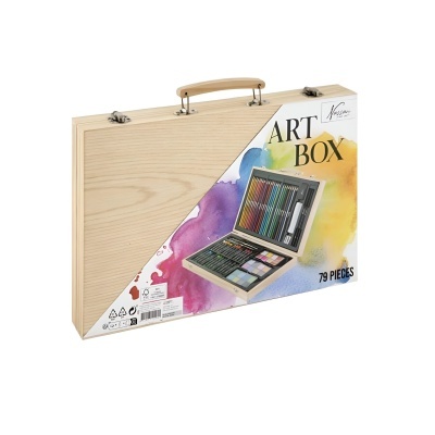 Estojo de arte de 79 peças com rótulo ART BOX e fundo aquarelado colorido