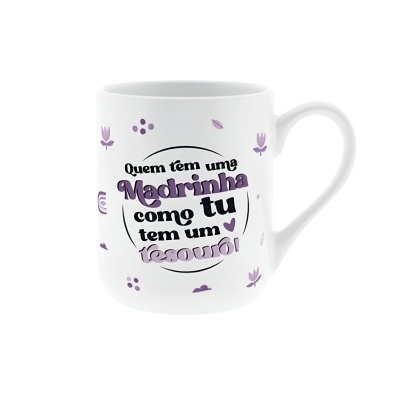 Caneca branca com texto e flores lilás