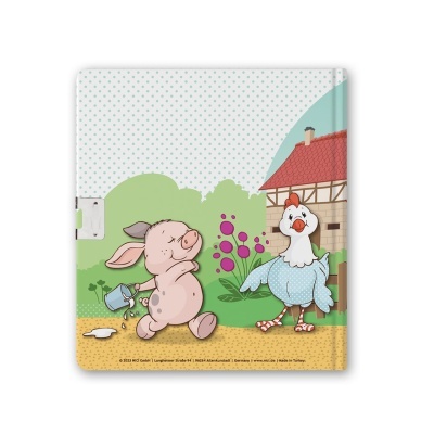 Guardanapo com ilustração de porco e galinha em cenário rural