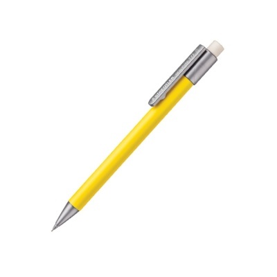 Lápis mecânico amarelo com acessórios metálicos e borracha branca na ponta superior