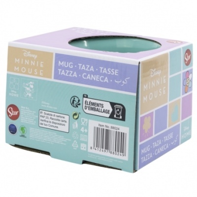 Caixa de uma caneca Disney Minnie Mouse com cores pastel e texto multilingue