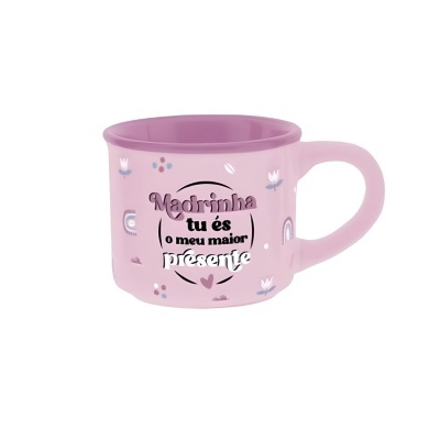 Caneca rosa com texto e decoração floral e arco-íris