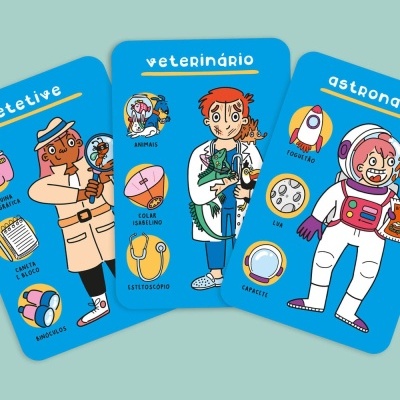 Cartões ilustrados de profissões com desenhos e textos em português.