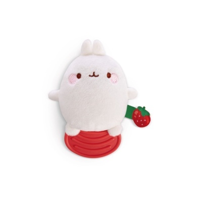 Pelúcia de coelho branca com base de silicone vermelho e detalhe de morango