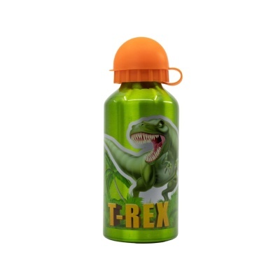 Garrafa metálica verde com tampa laranja e ilustração de T-Rex.