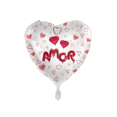 Balão coração branco com corações vermelhos e texto AMOR