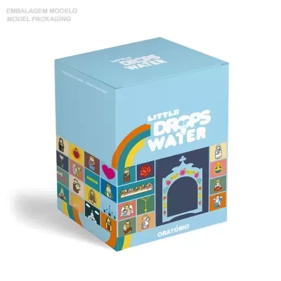 Caixa azul clara com texto e desenhos coloridos