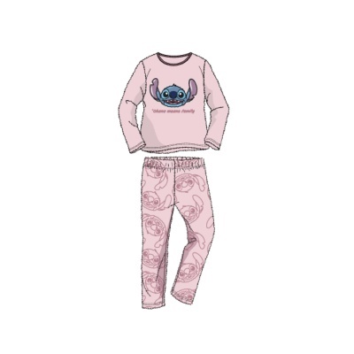 Pijama infantil rosa com estampa do Stitch e texto 'Ohana means family'