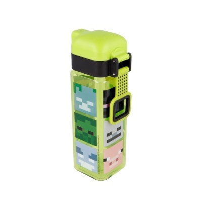 Garrafa de plástico verde com padrões pixelados coloridos e tampa com alça preta e verde