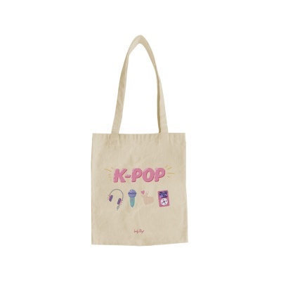 Saco tote bege com estampa K-POP e ícones relacionados com música