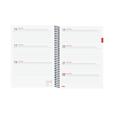 Agenda semanal com encadernação em espiral e páginas com datas de 16 a 22 em português