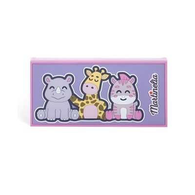 Estojo escolar rosa e lilás com desenhos de hipopótamo, girafa e zebra cartoon