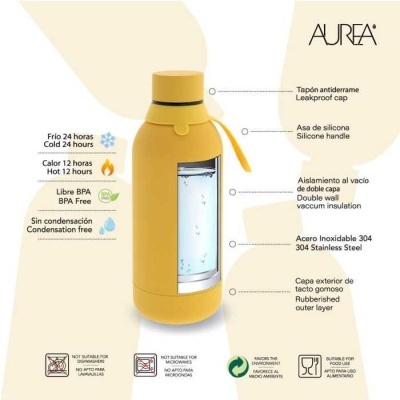 Garrafa térmica amarela com tampa e asa de silicone