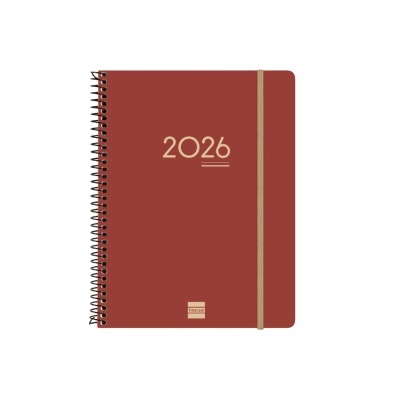 Caderno espiral vermelho com texto 2026 e elástico bege