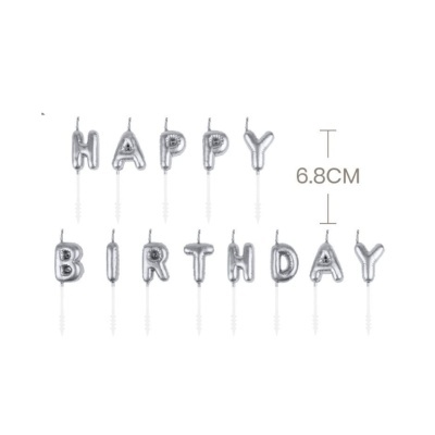 Velas letras prateadas HAPPY BIRTHDAY com base branca de 6.8 cm