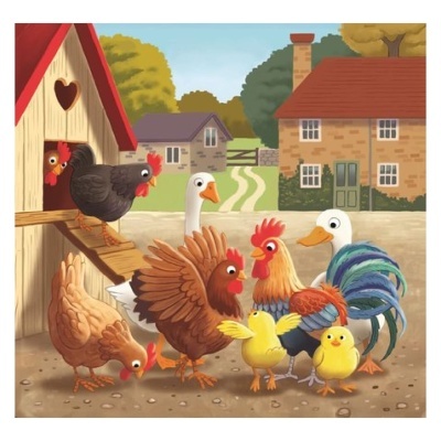 Ilustração de galinhas, pintos, galo e ganso em quintal agrícola com galinheiro de madeira