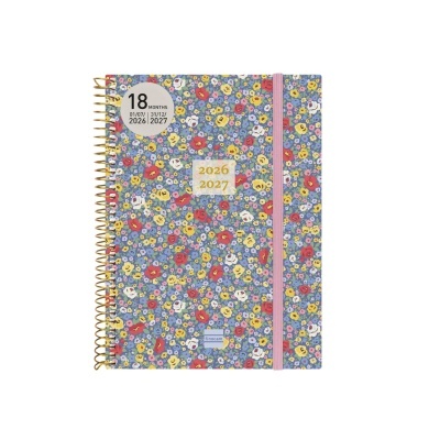 Agenda floral com espiral dourada e elástico rosa
