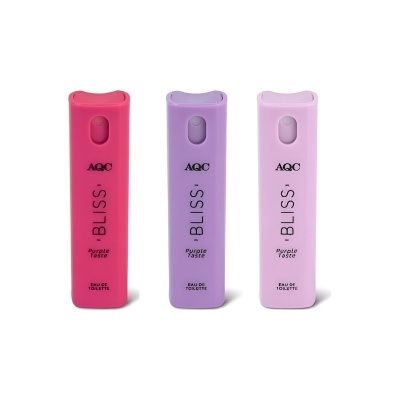 Três frascos de perfume AQC Bliss Purple Taste em rosa forte, lilás e rosa claro