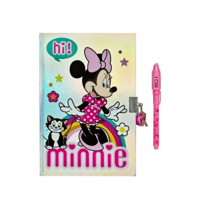 Caderno holográfico Minnie com caneta rosa e cadeado prateado
