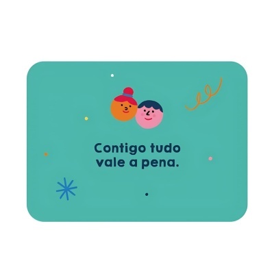 Cartão verde-água com texto e duas figuras sorridentes coloridas