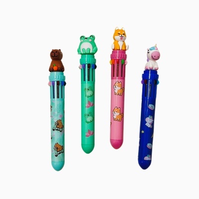 Conjunto de quatro canetas multicolor com figuras de animais 3D no topo