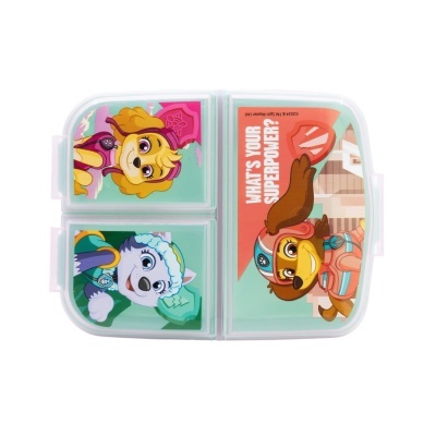 Estojo branco com personagens de desenho animado e texto colorido