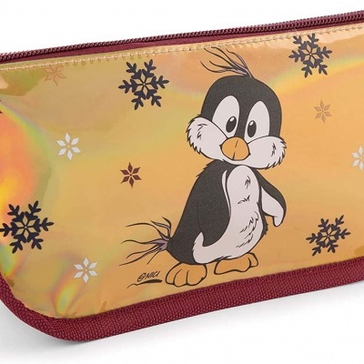 Estojo amarelo com desenho de pinguim e borda vermelha