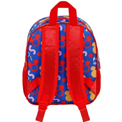 Mochila infantil azul com padrão colorido, alças vermelhas e fecho prateado