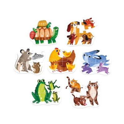 Puzzles de animais coloridos em madeira, compostos por quatro peças cada um.