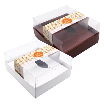 Duas caixas transparentes com base branca e castanha e faixa decorativa de Páscoa.