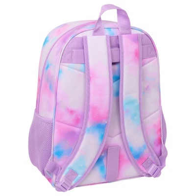 Mochila colorida com padrão pastel e alças lilás