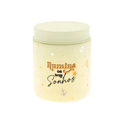 Frasco cilíndrico decorado com texto e pequenas imagens coloridas