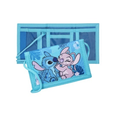 Carteira infantil azul claro com personagens Stitch e outro rosa, compartimentos interiores e cordão