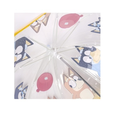 Guarda-chuva infantil transparente com desenhos de cães e balões coloridos