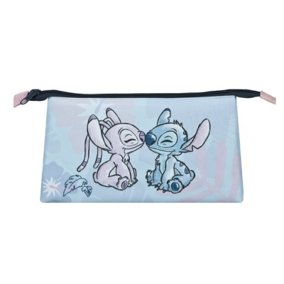 Estojo retangular azul claro com ilustração de personagens Stitch e outra personagem da Disney.