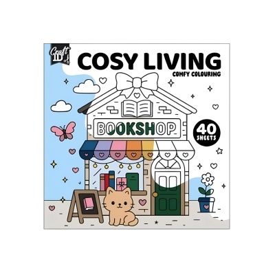 Livro de colorir com ilustração de loja de livros e um gato