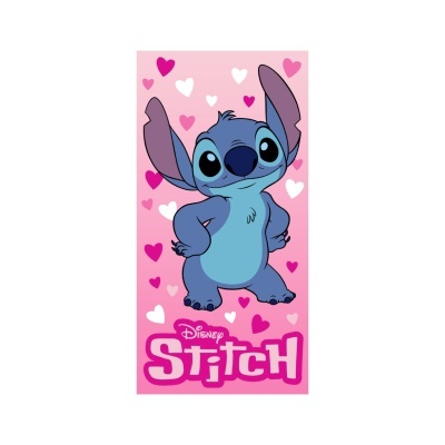 Personagem Stitch da Disney em fundo rosa com corações e texto Disney Stitch
