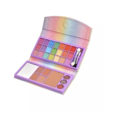 Paleta de maquilhagem com sombras coloridas, pós, espelho e aplicador em caixa iridescente