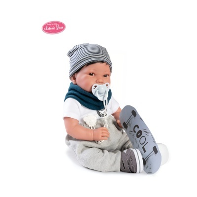 Boneco bebé realista com roupa casual azul e cinza