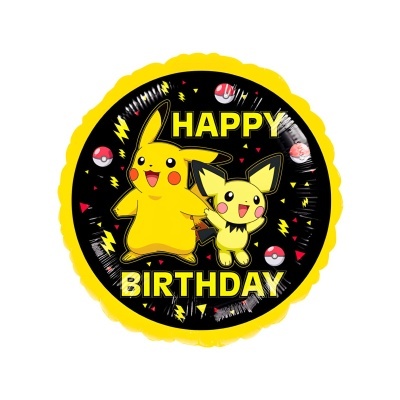 Balão de festa Pokémon com Pikachu e Pichu e texto Happy Birthday