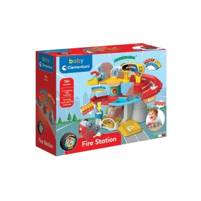 Brinquedo estação de bombeiros colorido com um carro e embalagem