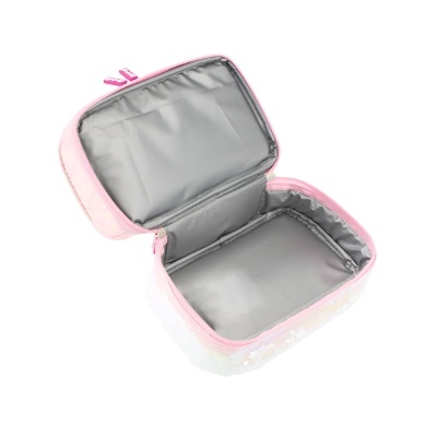 Mala de mão rosa com interior cinzento aberta