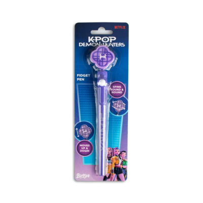 Caneta fidget roxa K-POP Demon Hunters em embalagem azul com personagens e texto