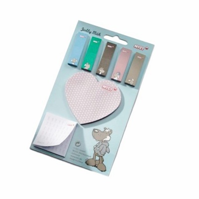 Conjunto de notas autocolantes coloridas com forma de coração e embalagem azul