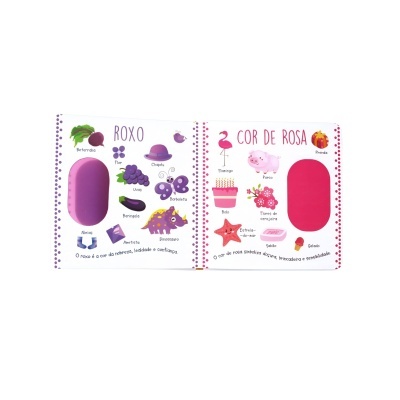 Livro infantil colorido com temas Roxo e Cor de Rosa e ilustrações diversas