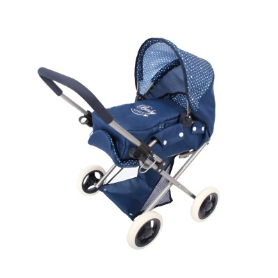 Carrinho de bebé de brinquedo azul com pontos brancos e estrutura metálica.