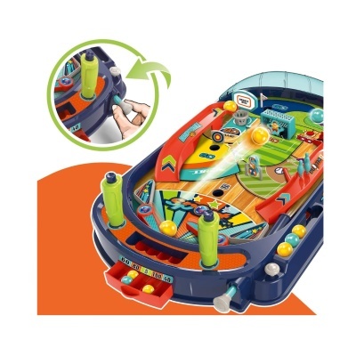 Jogo eletrónico de pinball com temática de futebol e botões coloridos