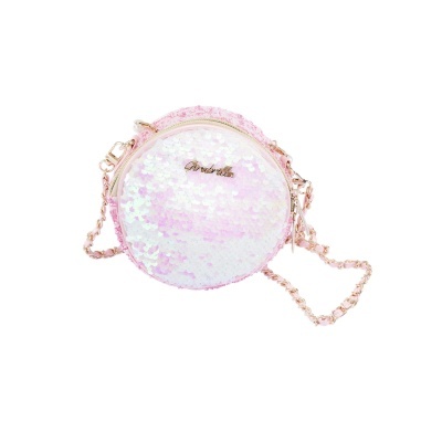 Mala redonda rosa com brilhantes e alça dourada
