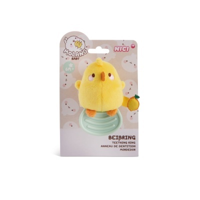 Anel de dentição Molang Baby com personagem amarelo e base verde, embalado em cartão branco com imagens Molang
