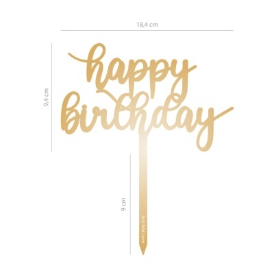 Topo de bolo dourado com texto happy birthday e haste com Just Add Love.